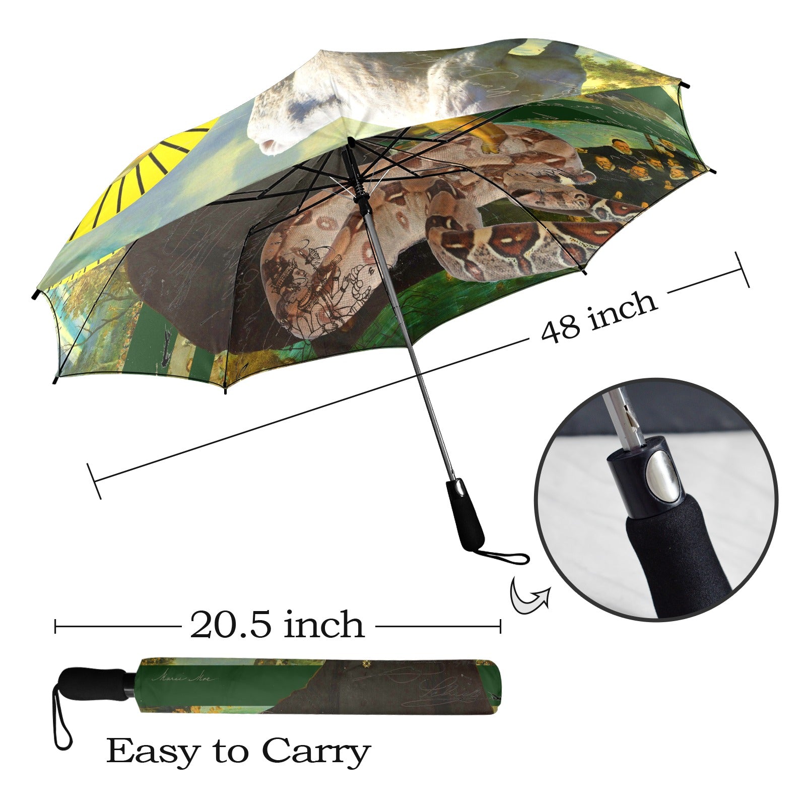 A large, vibrant umbrella featuring artistic collages of a saint, a snake, and a cow, showcasing its waterproof fabric and sturdy design.