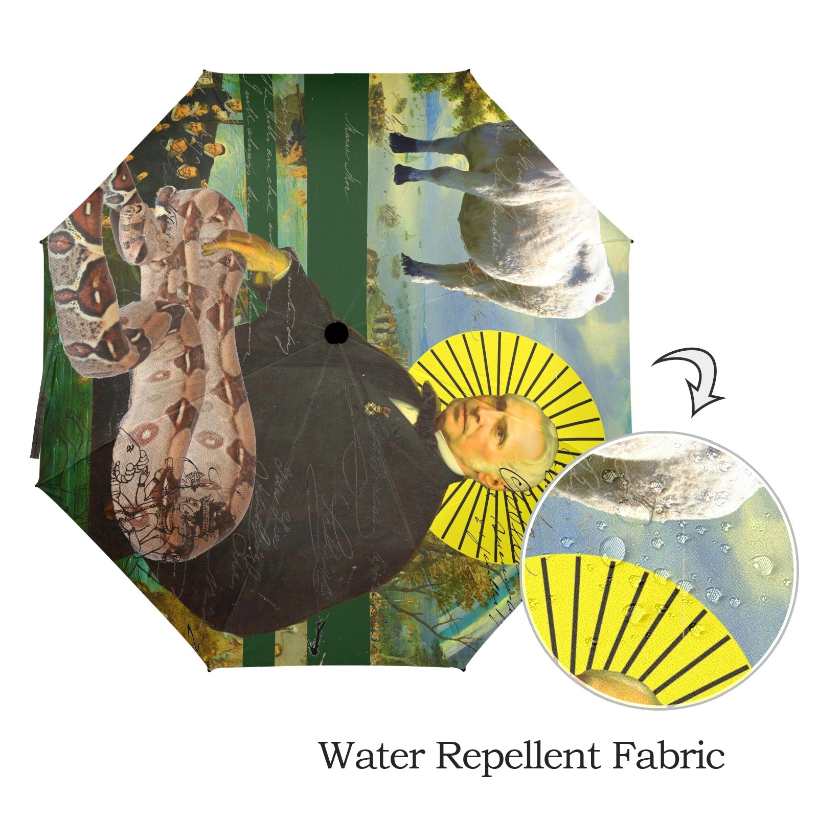 A large, vibrant umbrella featuring artistic collages of a saint, a snake, and a cow, showcasing its waterproof fabric and sturdy design.