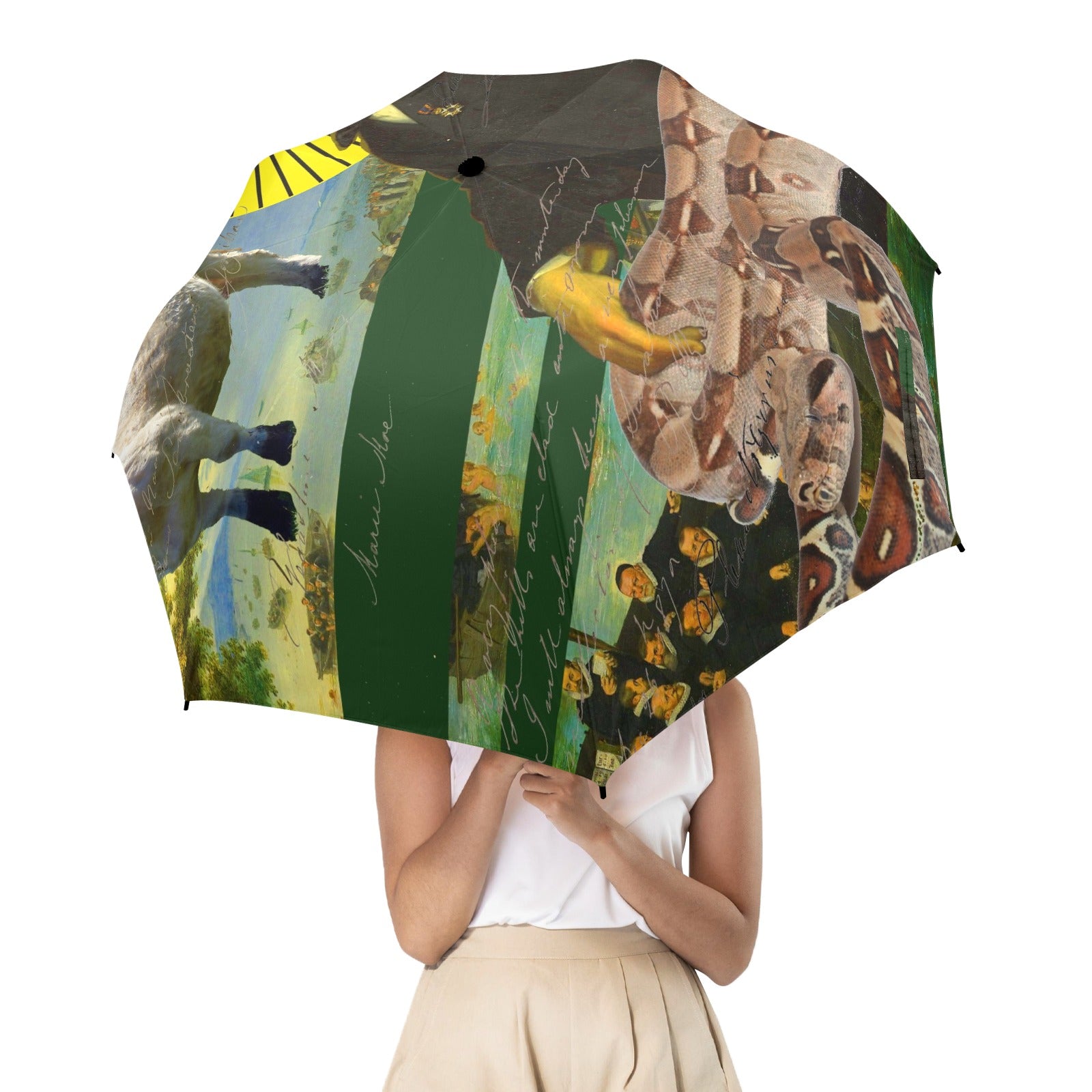 A large, vibrant umbrella featuring artistic collages of a saint, a snake, and a cow, showcasing its waterproof fabric and sturdy design.