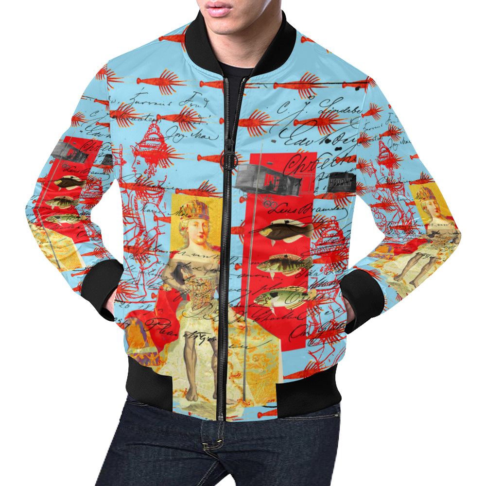 Showy Plane Hunter and Fish All Over Print Bomber Jacket featuring vibrant collage design, zip front, and ribbed collar.