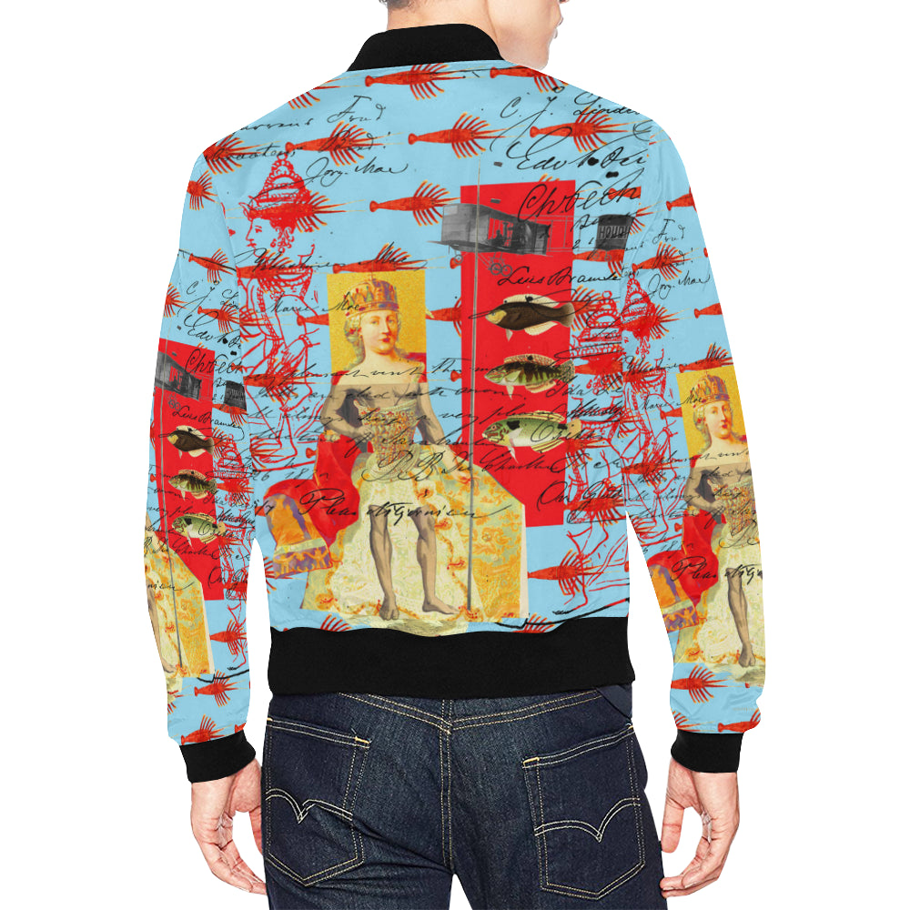 Showy Plane Hunter and Fish All Over Print Bomber Jacket featuring vibrant collage design, zip front, and ribbed collar.