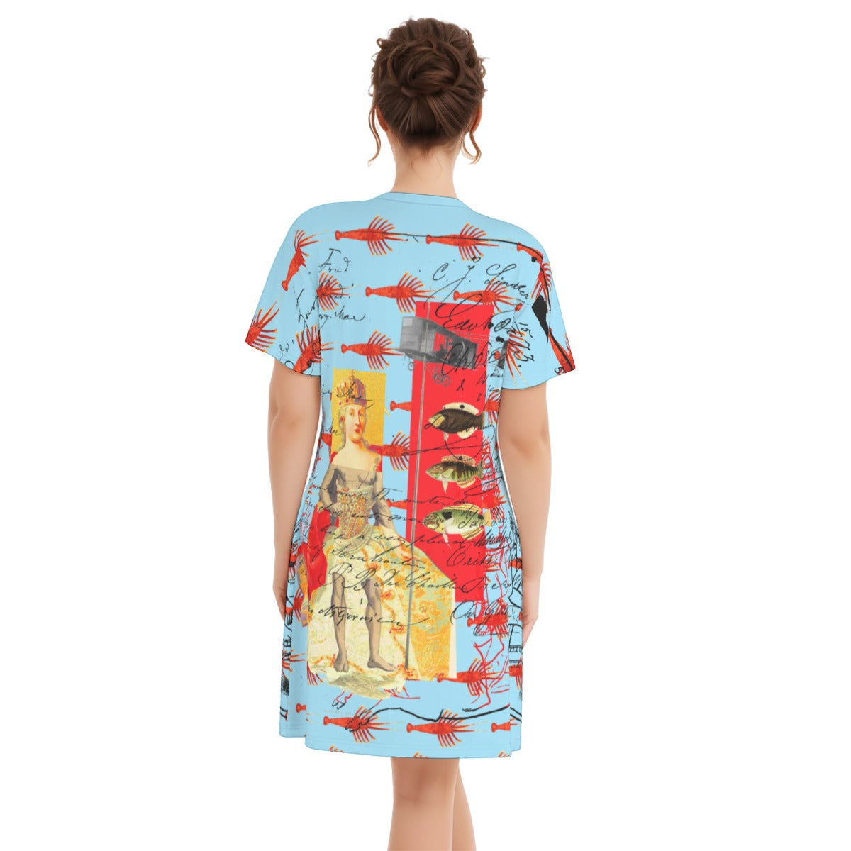 Showy Plane Hunter and Fish V Neck Tee featuring vibrant all-over print and classic V neck design, made from 100% cotton.