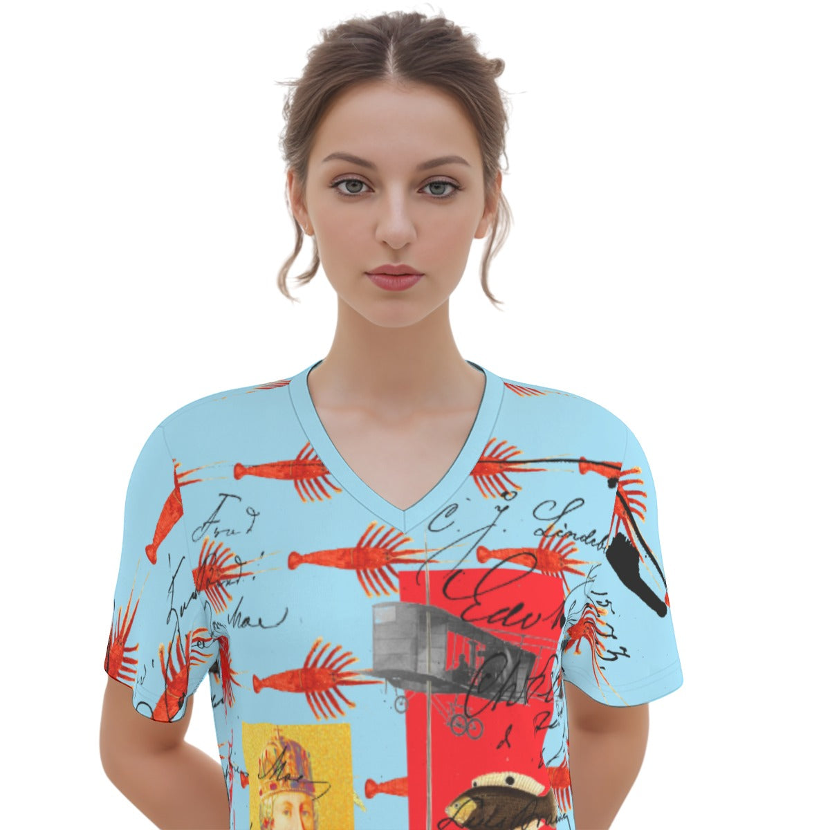 Showy Plane Hunter and Fish V Neck Tee featuring vibrant all-over print and classic V neck design, made from 100% cotton.