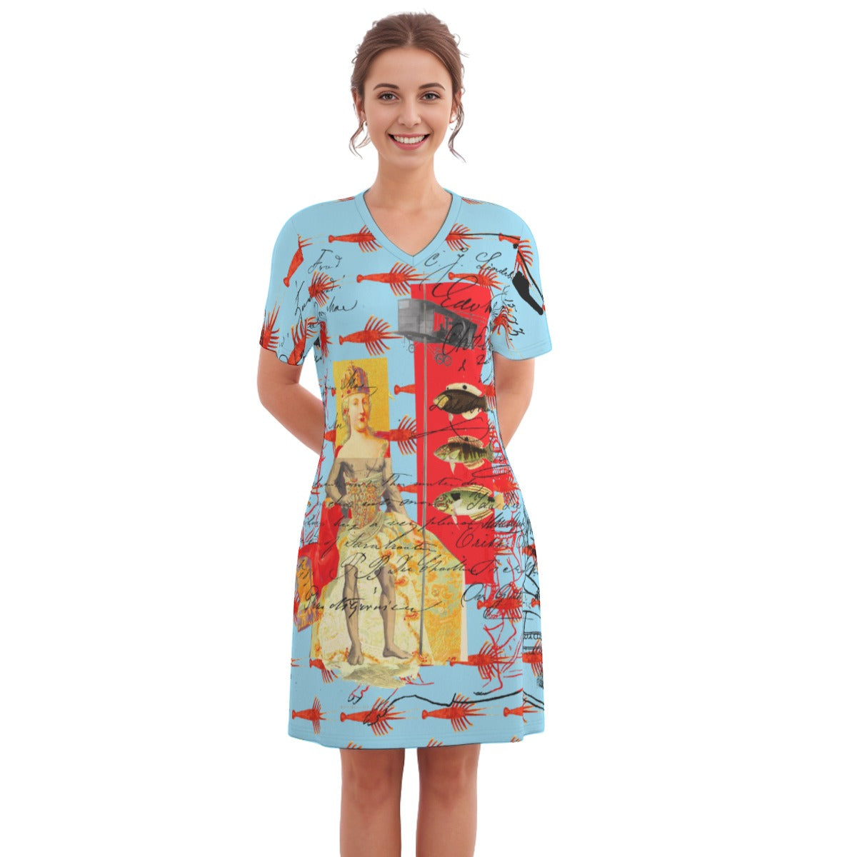 Showy Plane Hunter and Fish V Neck Tee featuring vibrant all-over print and classic V neck design, made from 100% cotton.