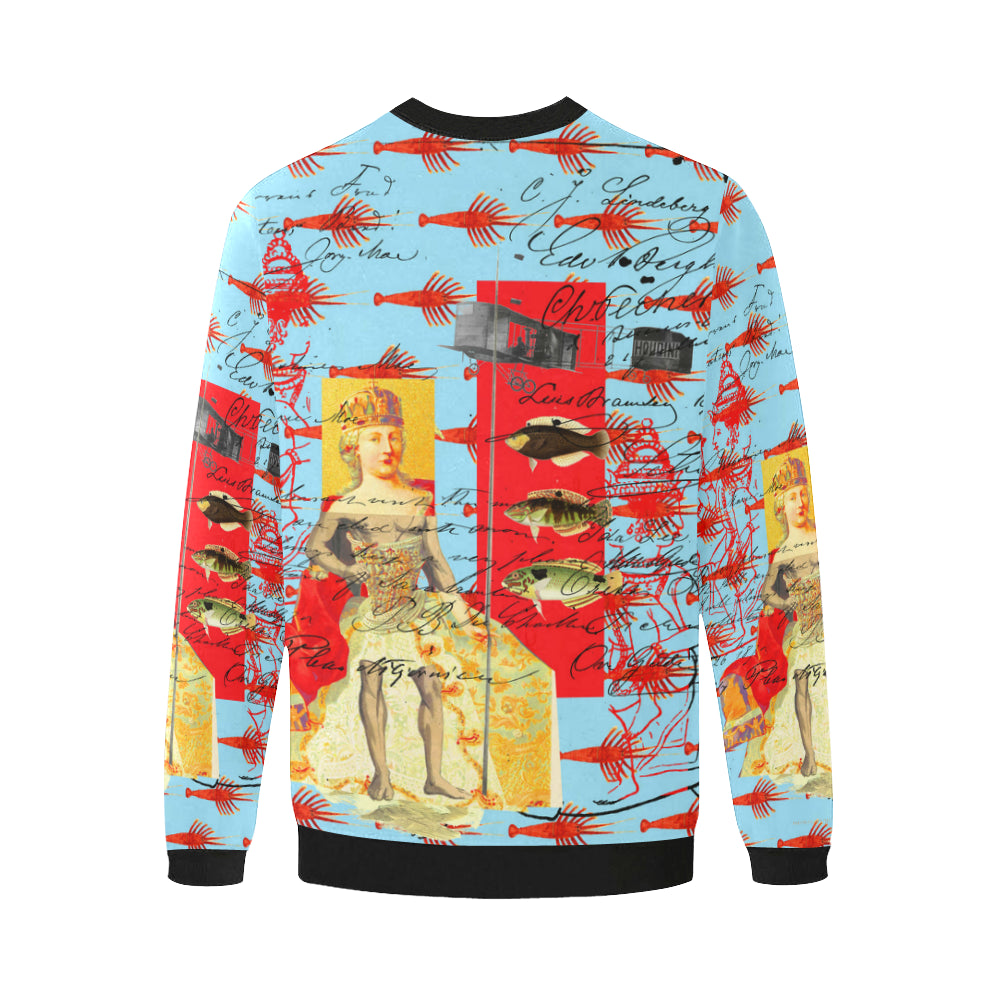 Men's oversized fleece sweatshirt with vibrant collage print, perfect for cooler weather and stylish street fashion.