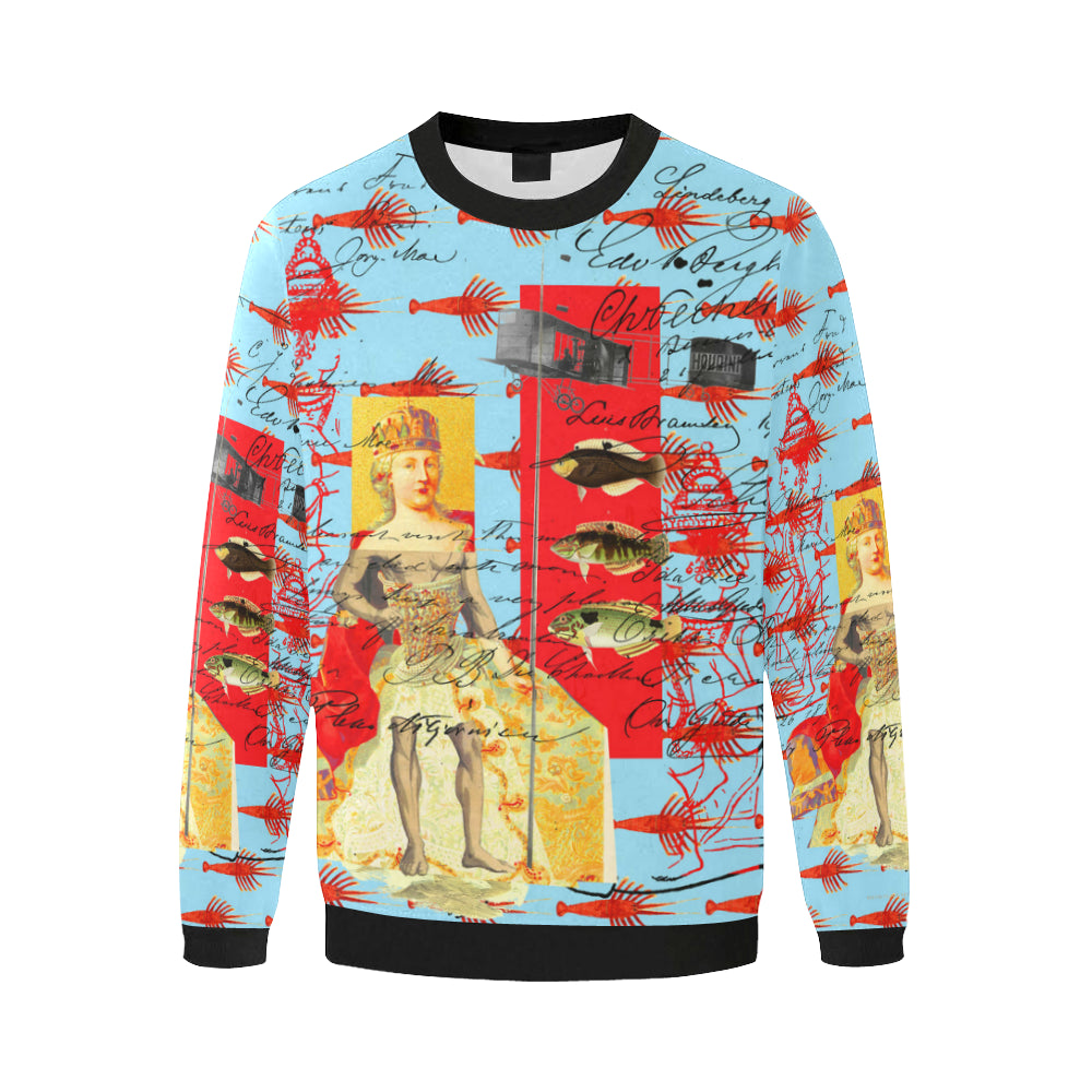 Men's oversized fleece sweatshirt with vibrant collage print, perfect for cooler weather and stylish street fashion.