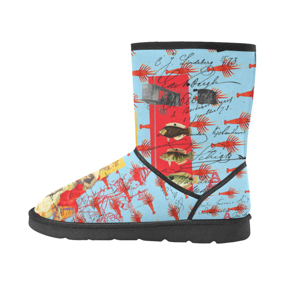 Showy Plane Hunter and Fish IV unisex snow boots with vibrant art collage print, lightweight design, and classic shape.