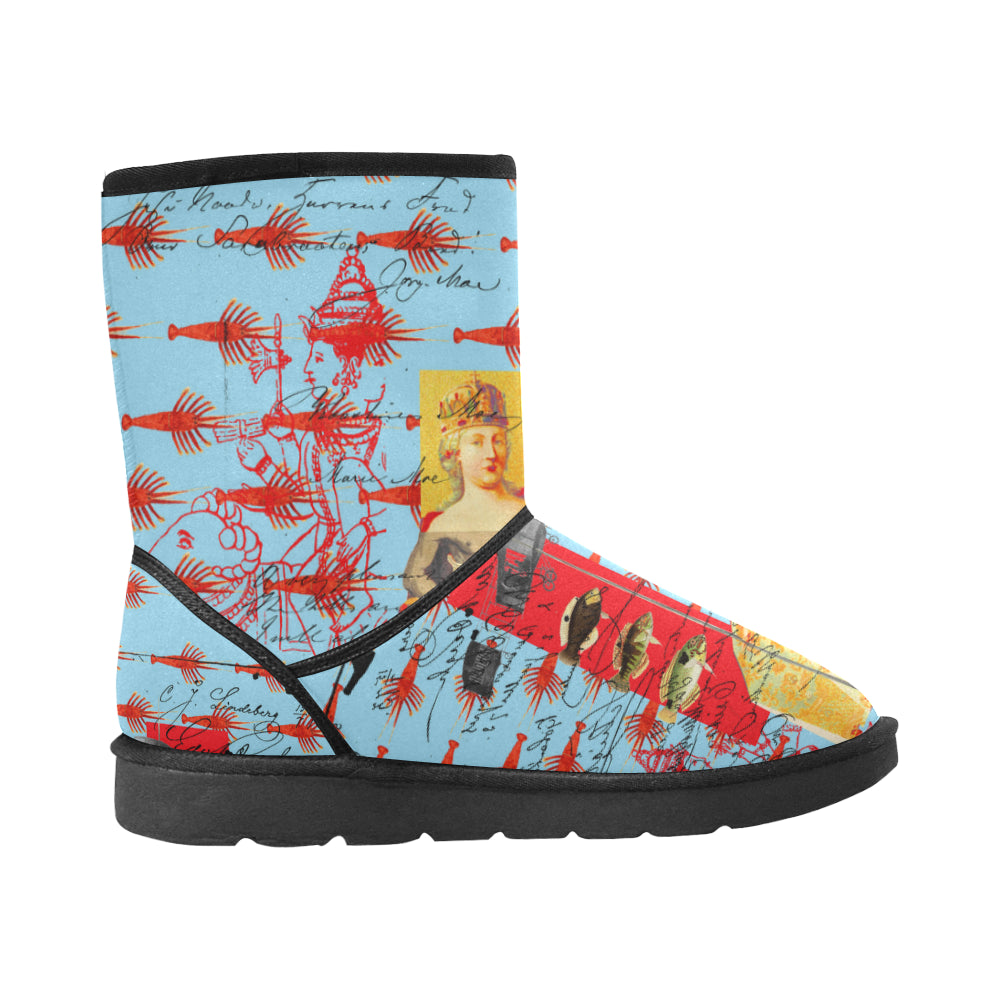 Showy Plane Hunter and Fish IV unisex snow boots with vibrant art collage print, lightweight design, and classic shape.