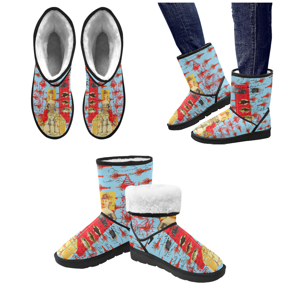 Showy Plane Hunter and Fish IV unisex snow boots with vibrant art collage print, lightweight design, and classic shape.