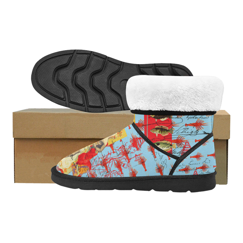 Showy Plane Hunter and Fish IV unisex snow boots with vibrant art collage print, lightweight design, and classic shape.