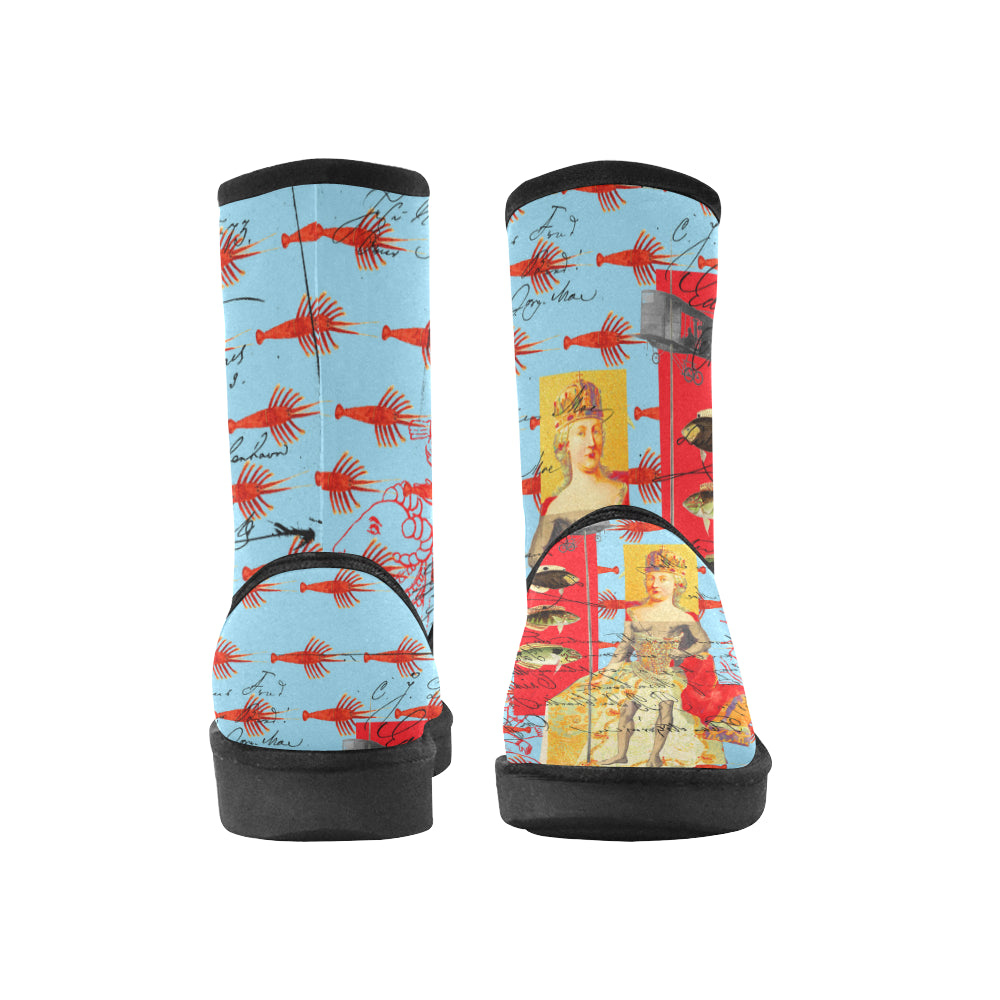 Showy Plane Hunter and Fish IV unisex snow boots with vibrant art collage print, lightweight design, and classic shape.
