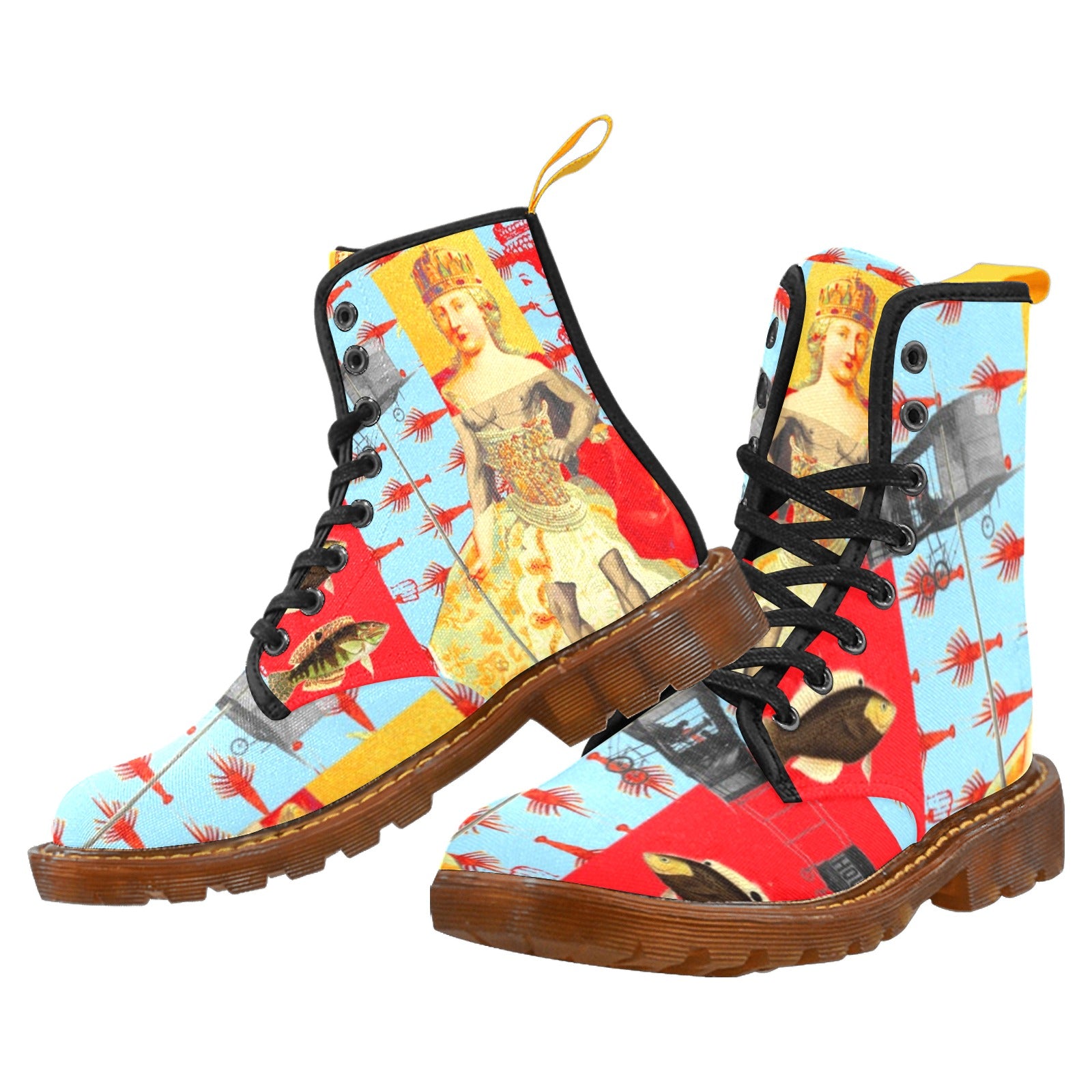 THE SHOWY PLANE HUNTER AND FISH IV Women's All Over Print Fabric High boots showcasing vibrant patterns and a stylish design.