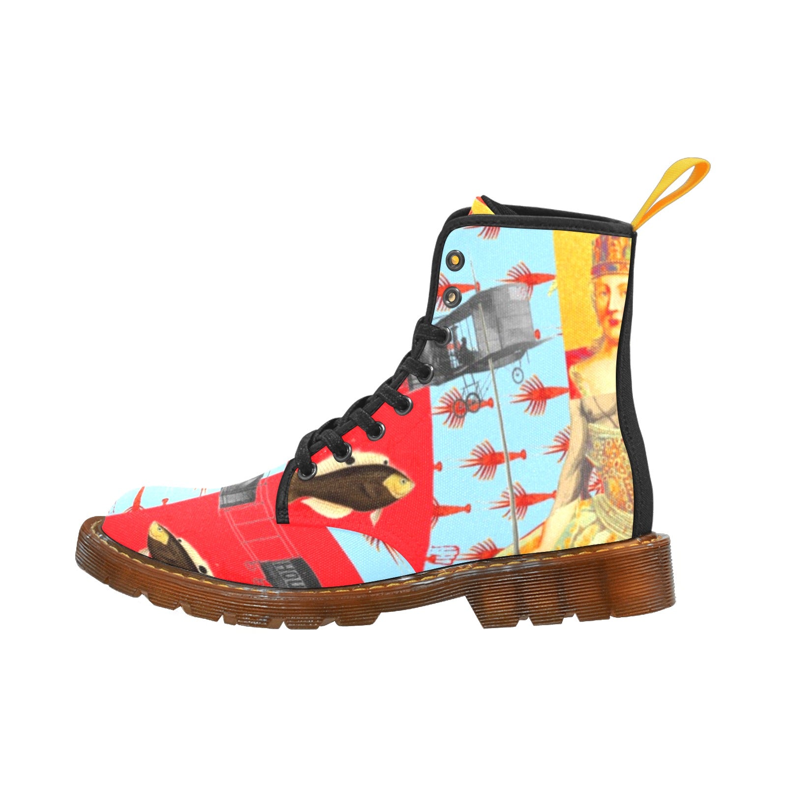 THE SHOWY PLANE HUNTER AND FISH IV Women's All Over Print Fabric High boots showcasing vibrant patterns and a stylish design.