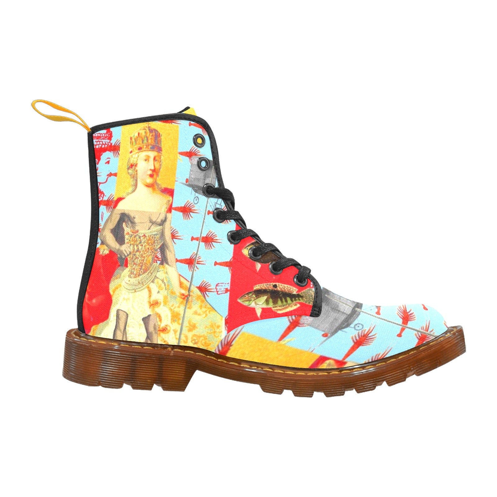 THE SHOWY PLANE HUNTER AND FISH IV Women's All Over Print Fabric High boots showcasing vibrant patterns and a stylish design.