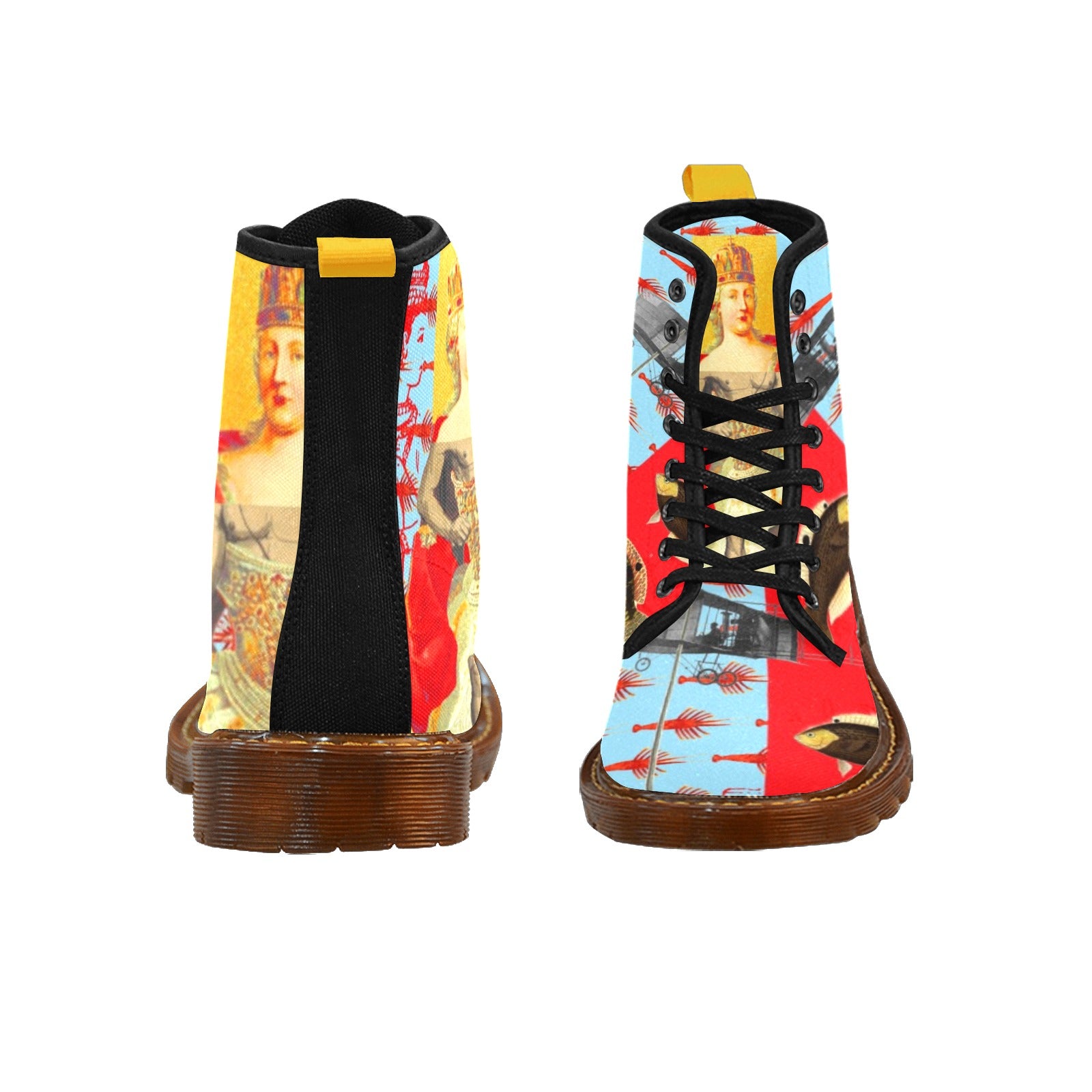 THE SHOWY PLANE HUNTER AND FISH IV Women's All Over Print Fabric High boots showcasing vibrant patterns and a stylish design.