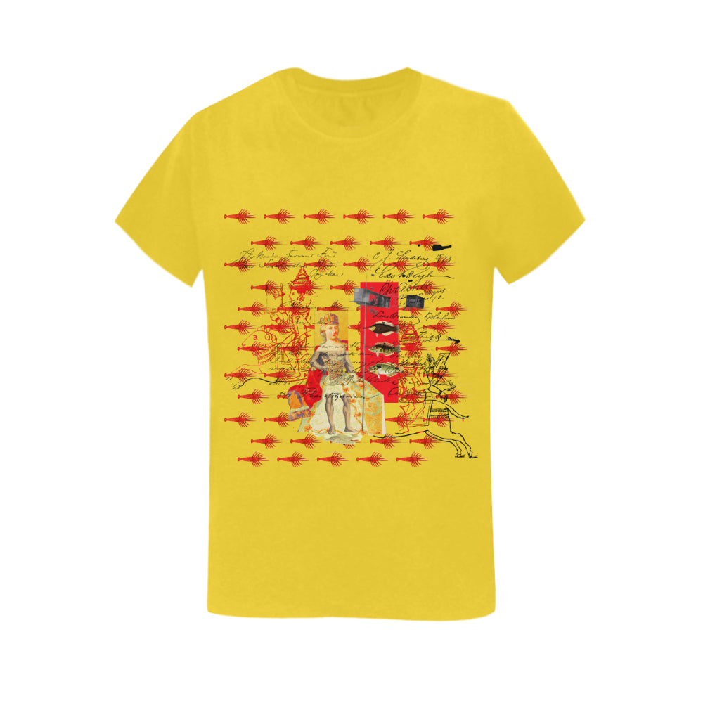 A vibrant women's cotton tee shirt featuring a unique collage print, perfect for casual wear.
