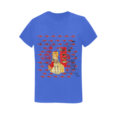 A vibrant women's cotton tee shirt featuring artistic collages, perfect for casual wear.