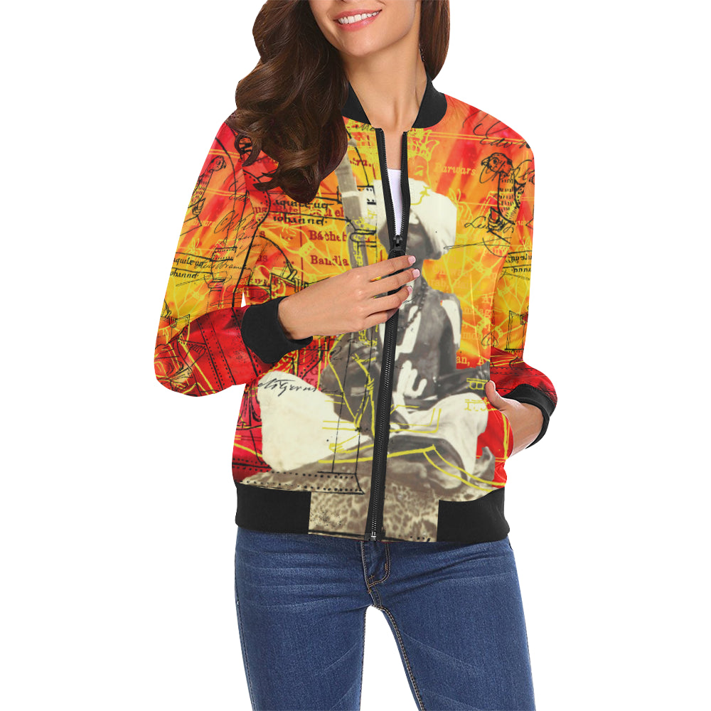 A vibrant women's bomber jacket featuring an all-over print design inspired by Sitar music, showcasing a stylish and modern look.