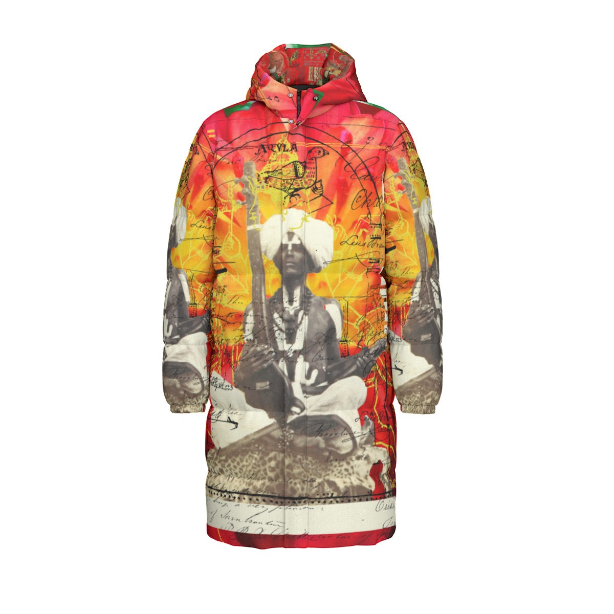 THE SITAR PLAYER II All-Over Print Unisex Long Down Jacket showcasing vibrant print and durable design.