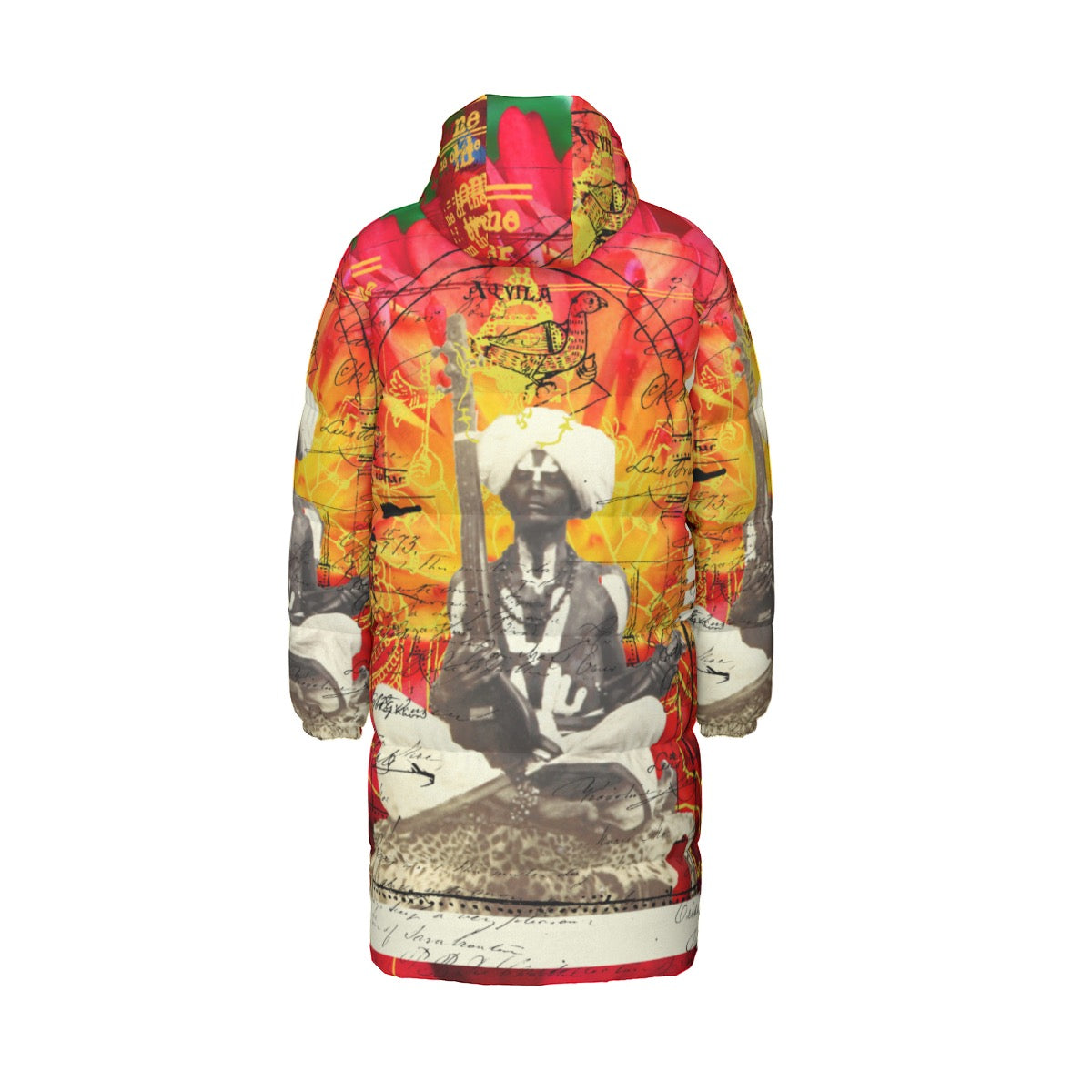 THE SITAR PLAYER II All-Over Print Unisex Long Down Jacket showcasing vibrant print and durable design.
