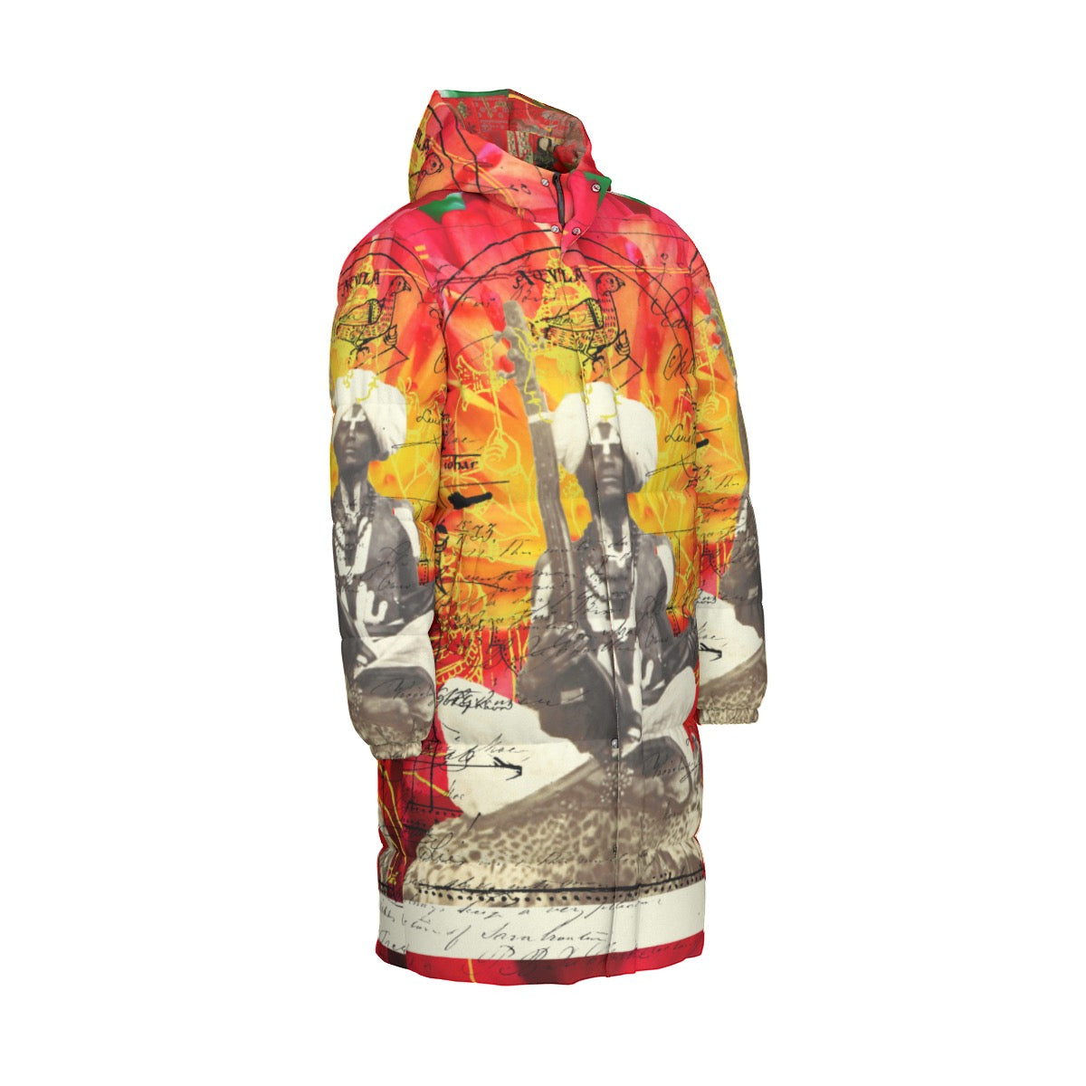 THE SITAR PLAYER II All-Over Print Unisex Long Down Jacket showcasing vibrant print and durable design.