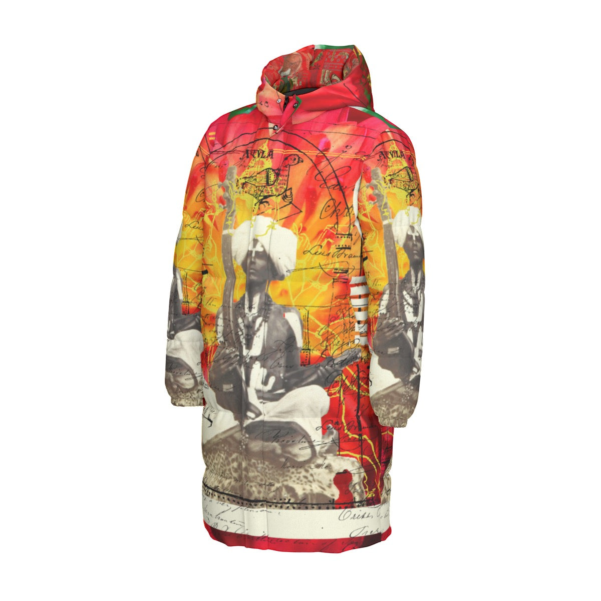 THE SITAR PLAYER II All-Over Print Unisex Long Down Jacket showcasing vibrant print and durable design.