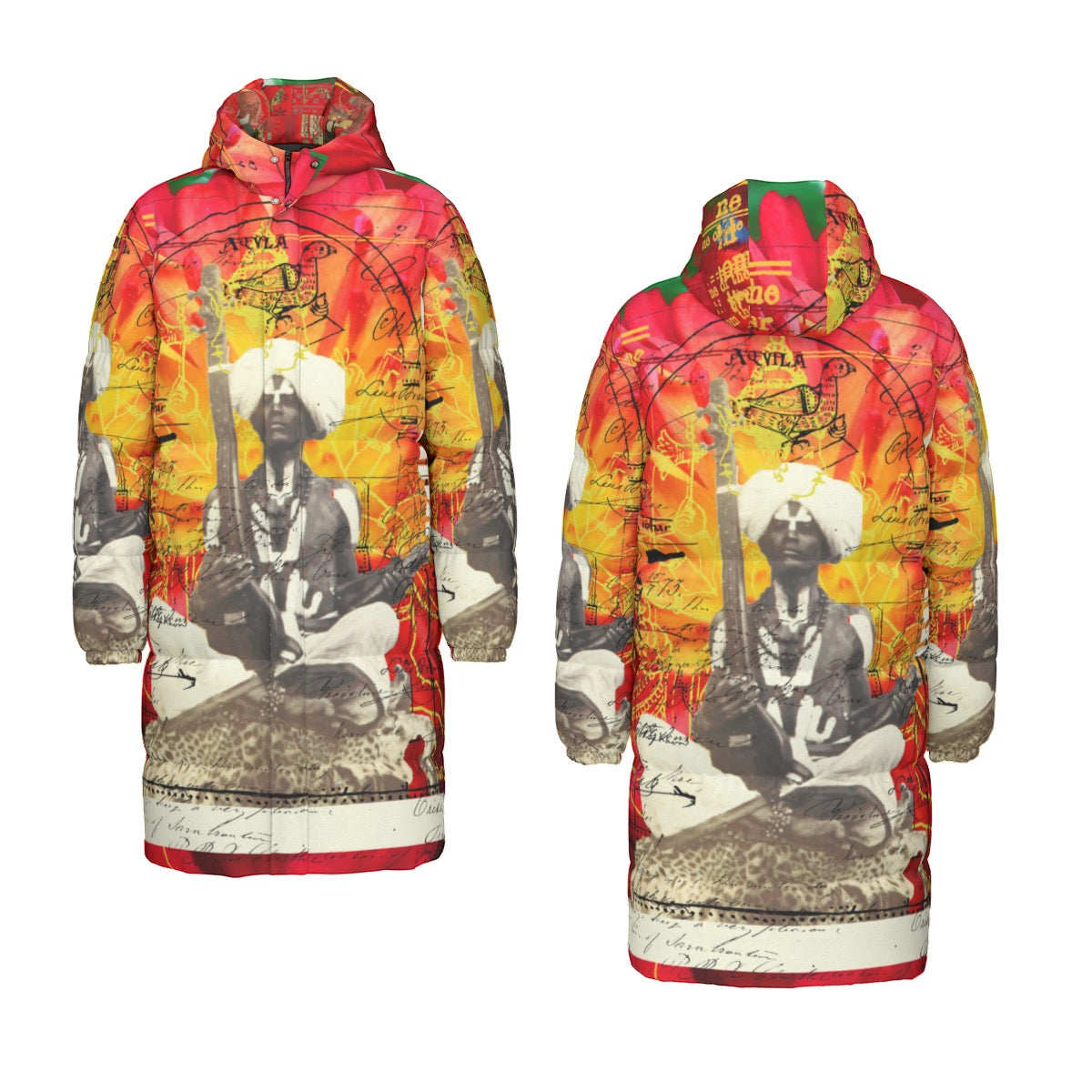 THE SITAR PLAYER II All-Over Print Unisex Long Down Jacket showcasing vibrant print and durable design.