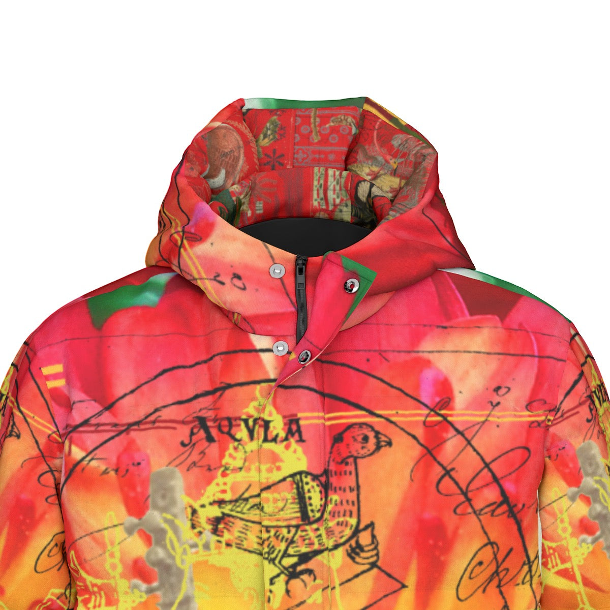 THE SITAR PLAYER II All-Over Print Unisex Long Down Jacket showcasing vibrant print and durable design.