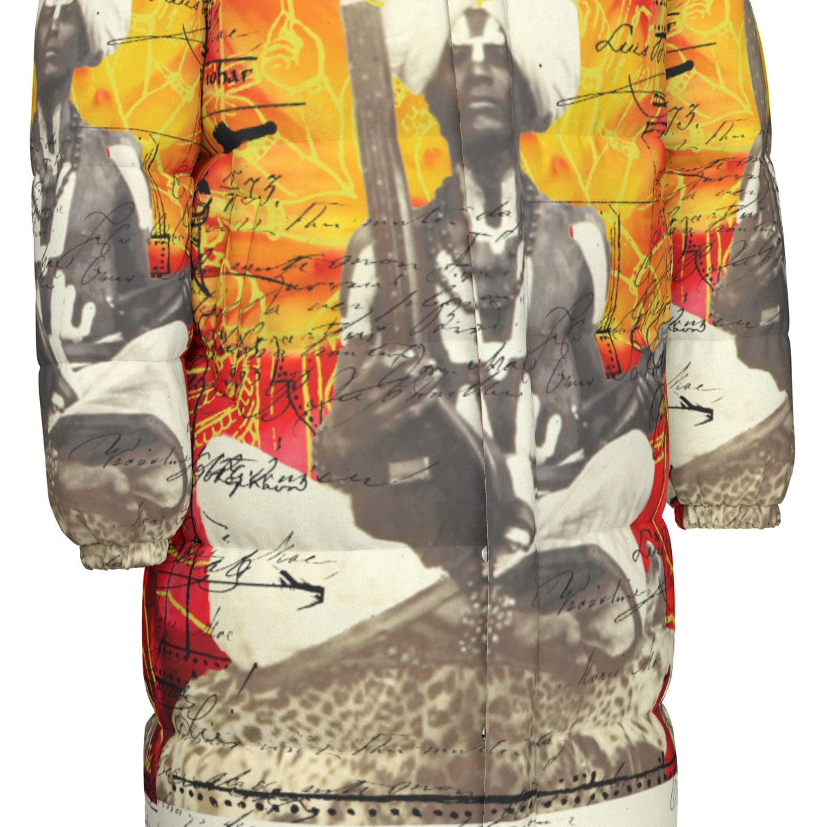 THE SITAR PLAYER II All-Over Print Unisex Long Down Jacket showcasing vibrant print and durable design.