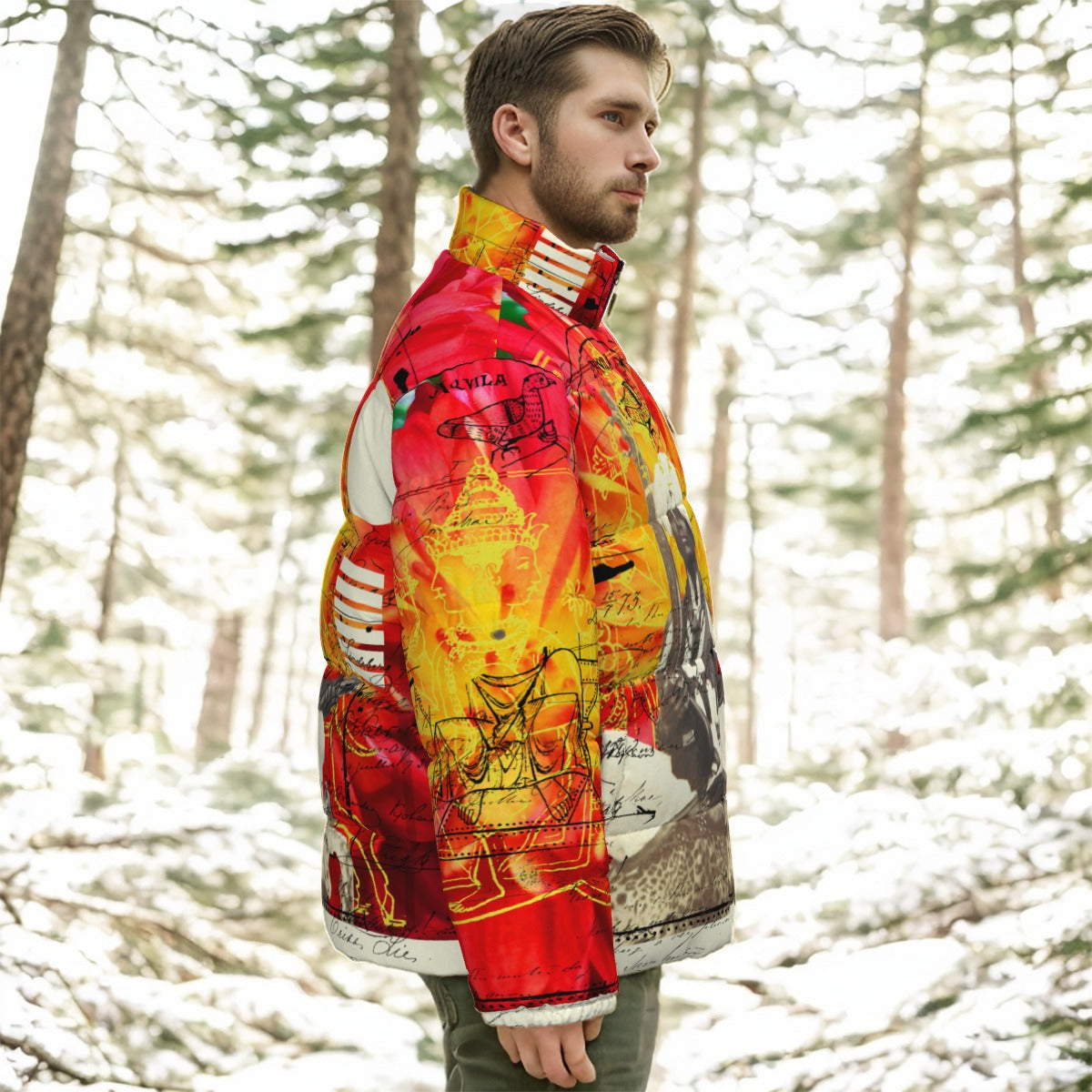 THE SITAR PLAYER II down jacket featuring a vibrant all-over print design, stand-up collar, and double zipper closure.