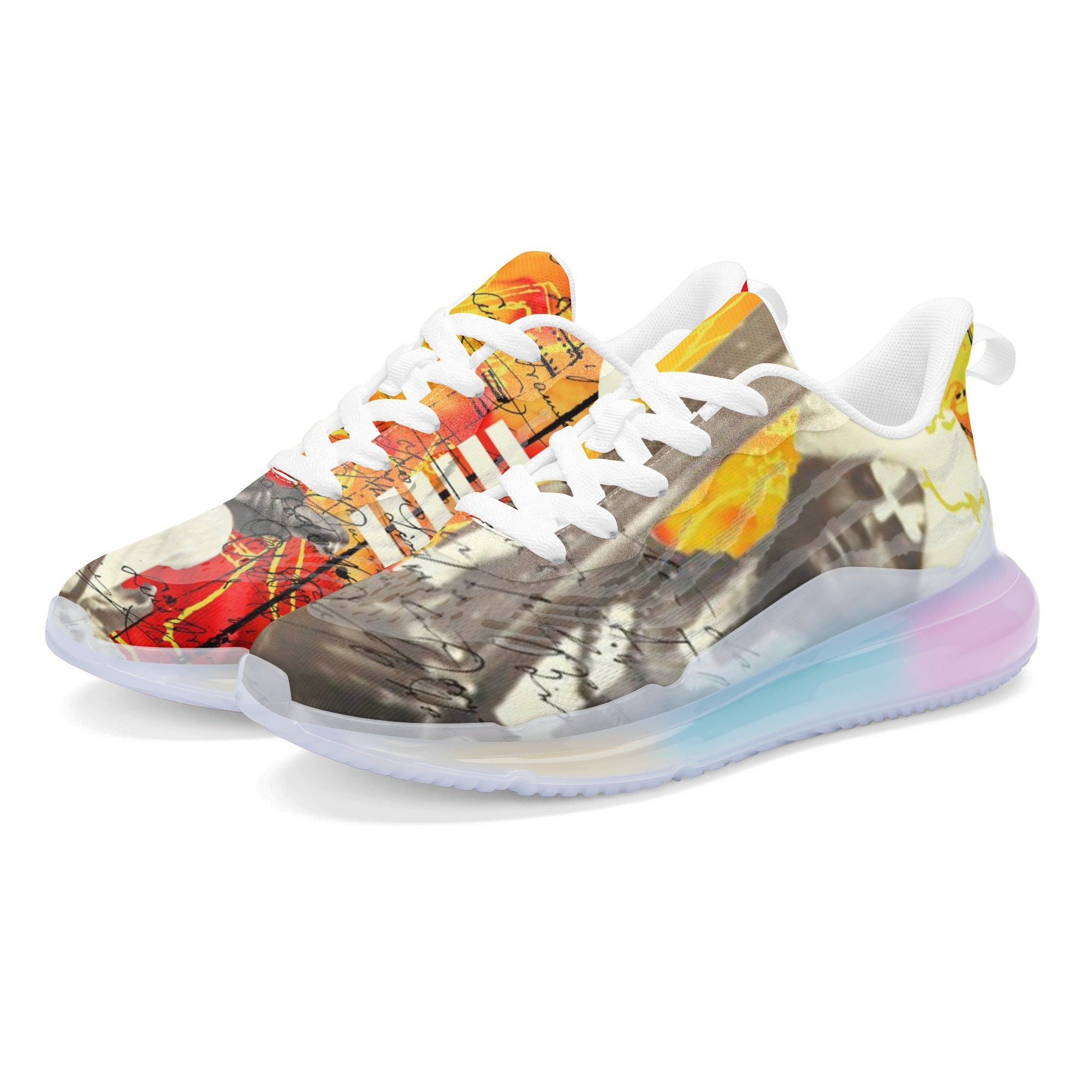 THE SITAR PLAYER II unisex pastel translucent air sole running shoes featuring a colorful collage design and breathable mesh upper.