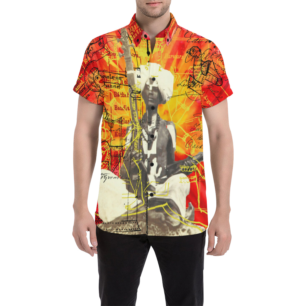 Men's short sleeve button down shirt with vibrant all over print design, perfect for casual summer outings.