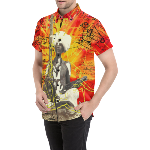 Men's short sleeve button down shirt with vibrant all over print design, perfect for casual summer outings.