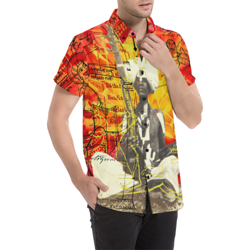 Men's short sleeve button down shirt with vibrant all over print design, perfect for casual summer outings.