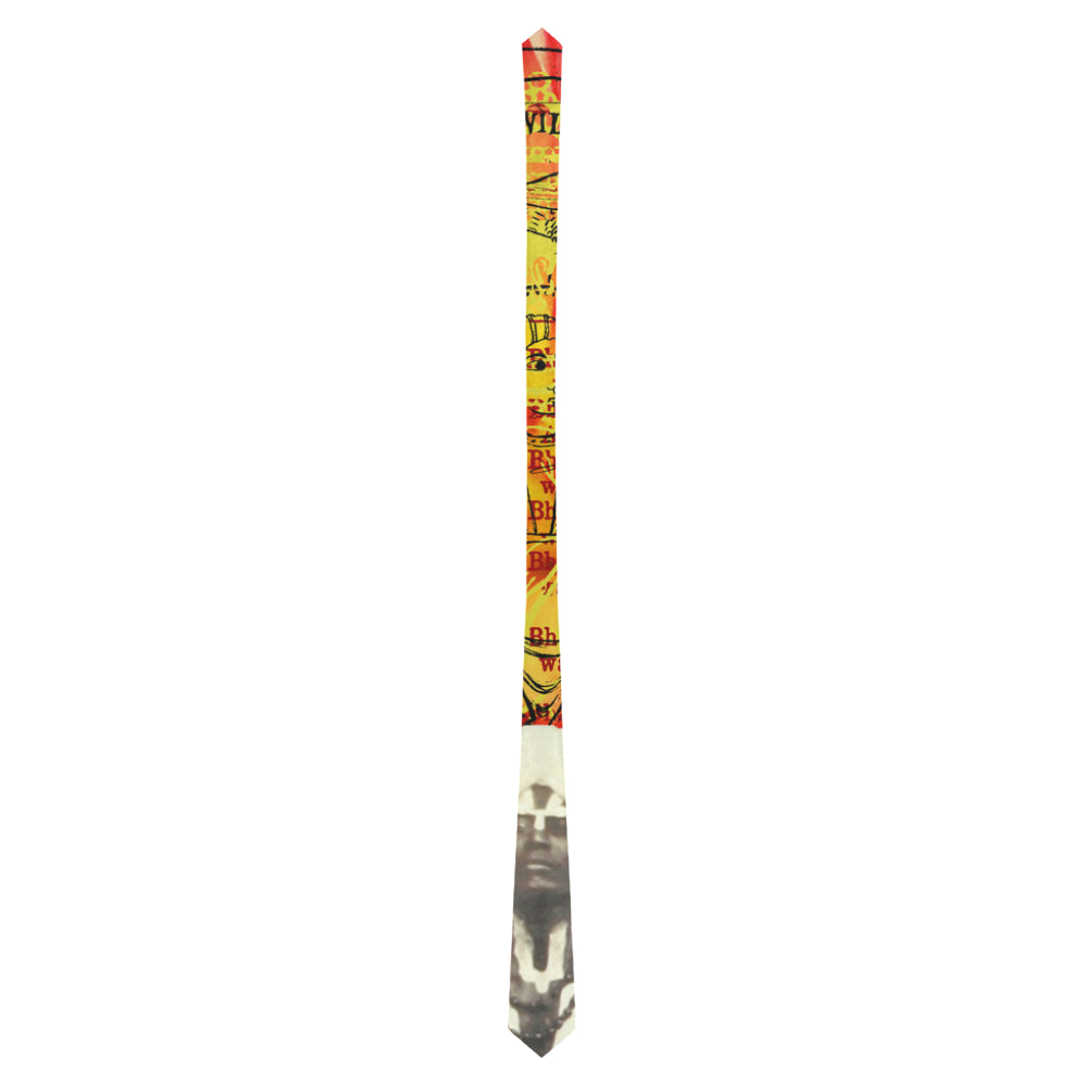 THE SITAR PLAYER necktie featuring a vibrant collage print, made from silky polyester fabric.
