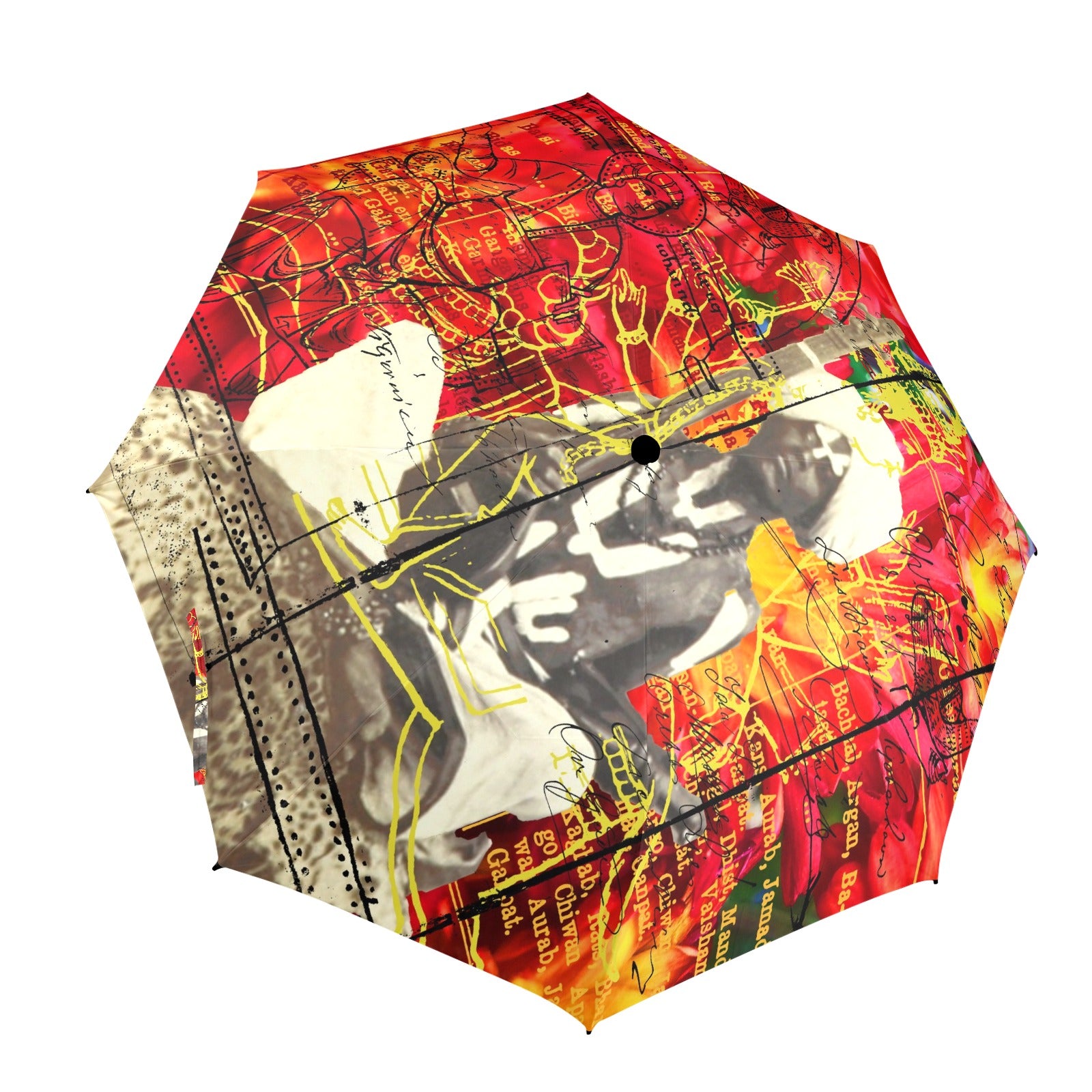 THE SITAR PLAYER Semi-Automatic Foldable Umbrella showcasing vibrant collage designs and a comfortable foam handle.