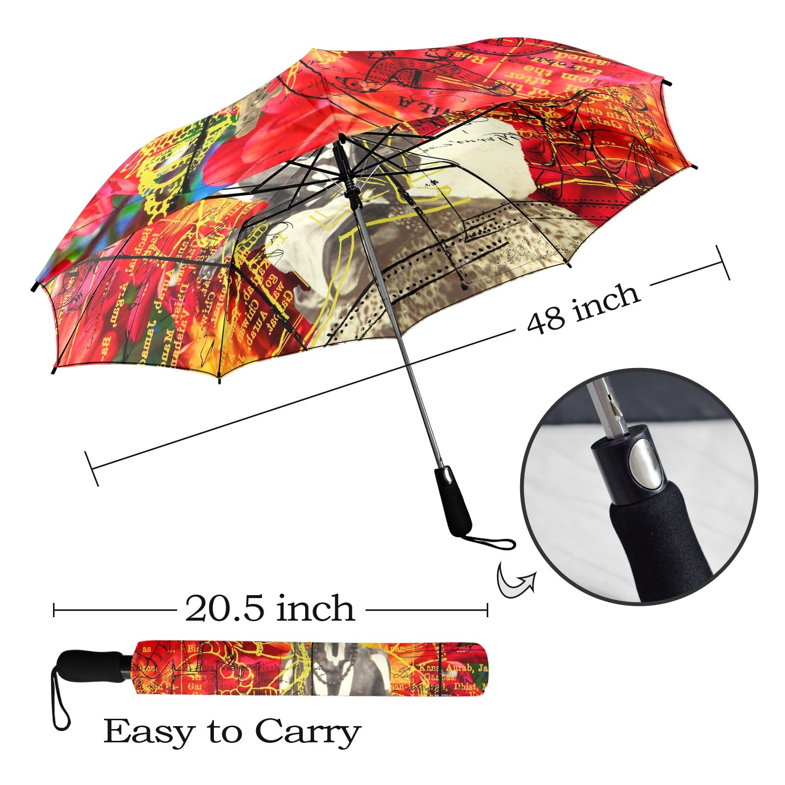 THE SITAR PLAYER Semi-Automatic Foldable Umbrella showcasing vibrant collage designs and a comfortable foam handle.
