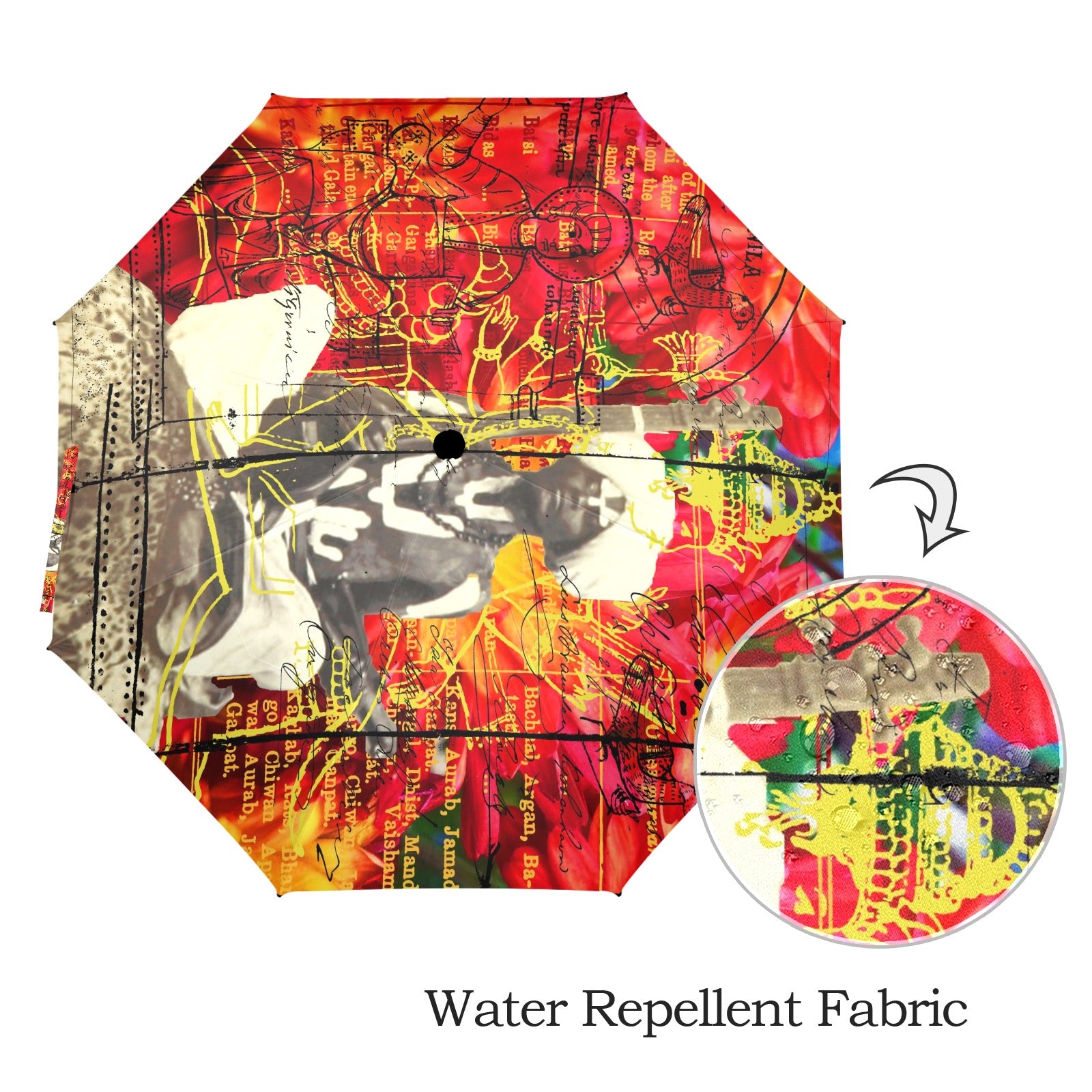 THE SITAR PLAYER Semi-Automatic Foldable Umbrella showcasing vibrant collage designs and a comfortable foam handle.