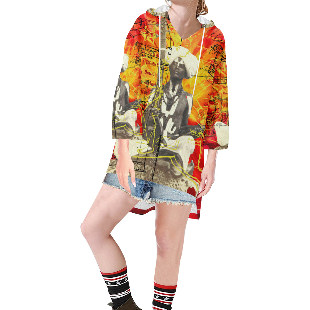 A vibrant unisex tunic hoodie featuring a drawstring hood, v-neckline, and step hem, showcasing colorful collage prints.