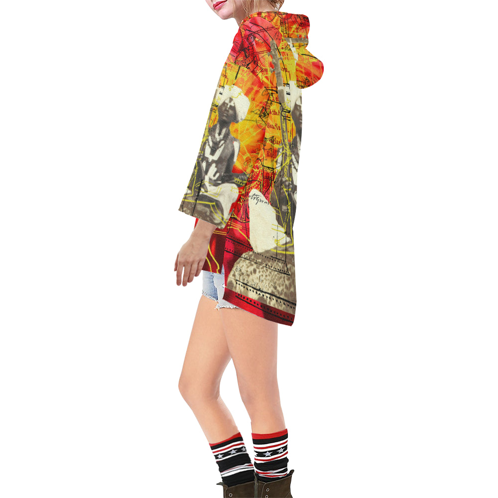 A vibrant unisex tunic hoodie featuring a drawstring hood, v-neckline, and step hem, showcasing colorful collage prints.