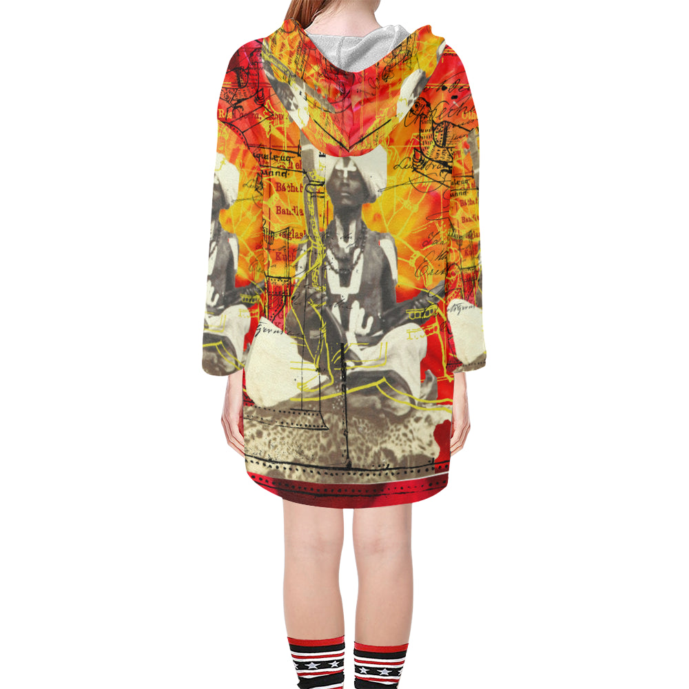 A vibrant unisex tunic hoodie featuring a drawstring hood, v-neckline, and step hem, showcasing colorful collage prints.