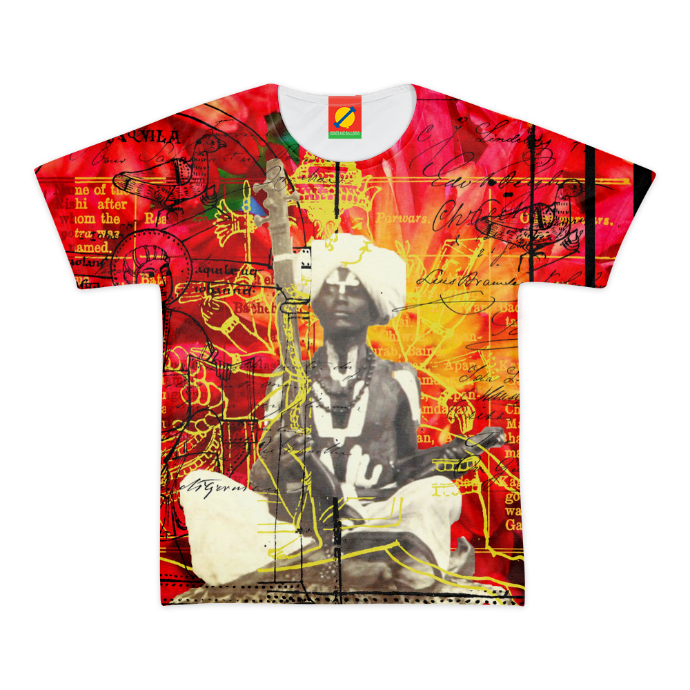 THE SITAR PLAYER Women's All Over Print Tee featuring vibrant colors and a classic round neck design, made from 100% cotton.