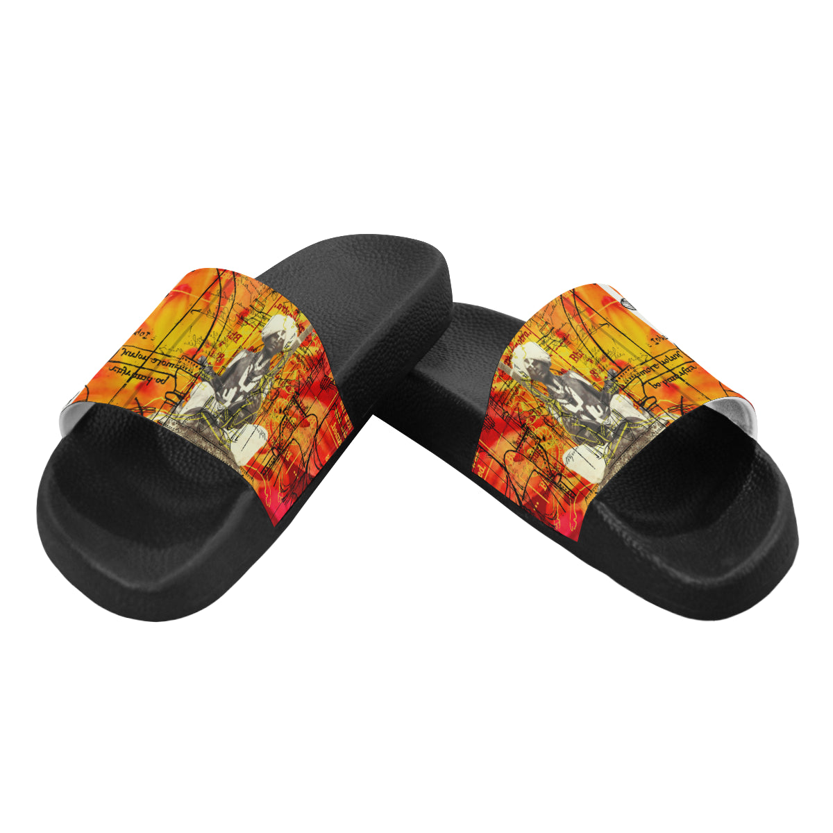 THE SITAR PLAYER Women's Printed Slides featuring a colorful strap and cushioned sole, perfect for casual wear.