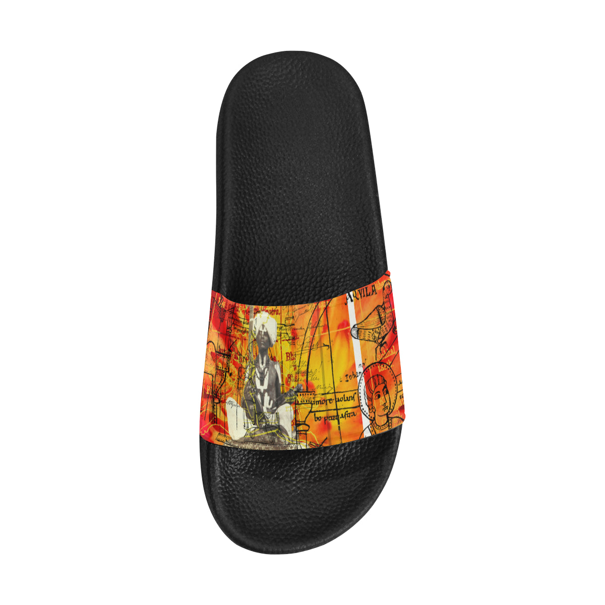 THE SITAR PLAYER Women's Printed Slides featuring a colorful strap and cushioned sole, perfect for casual wear.
