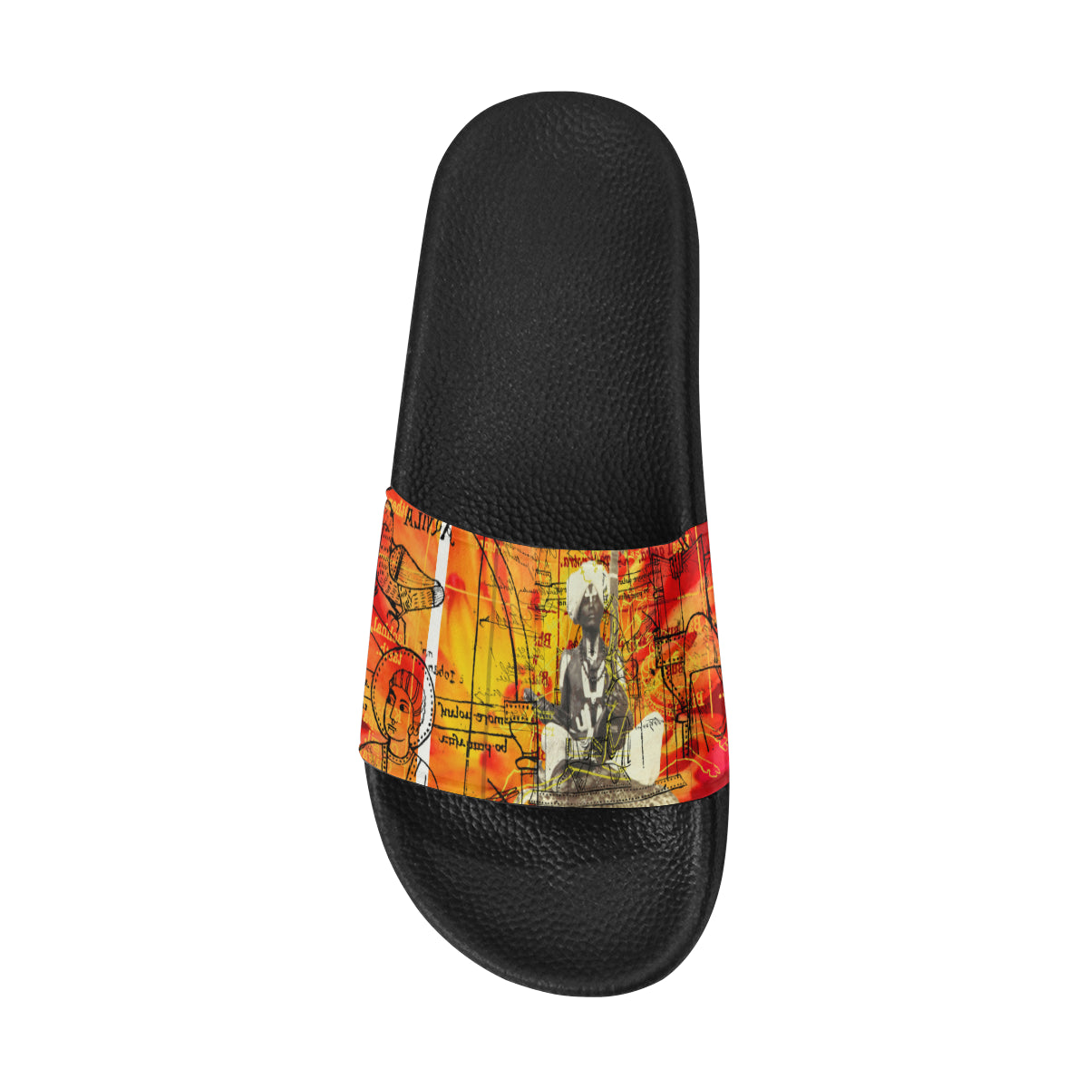 THE SITAR PLAYER Women's Printed Slides featuring a colorful strap and cushioned sole, perfect for casual wear.