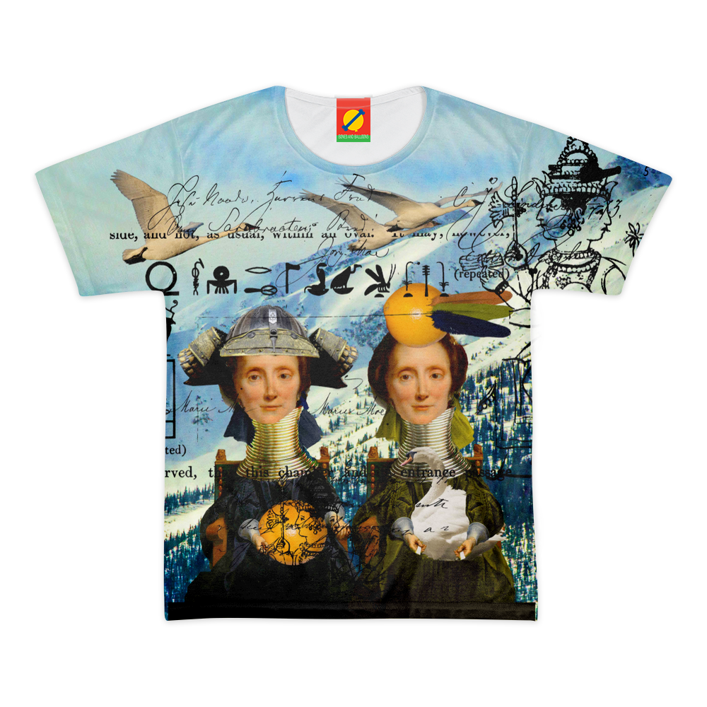 Men's all over print tee featuring vibrant blue and yellow colors, showcasing a unique design with no white marks.