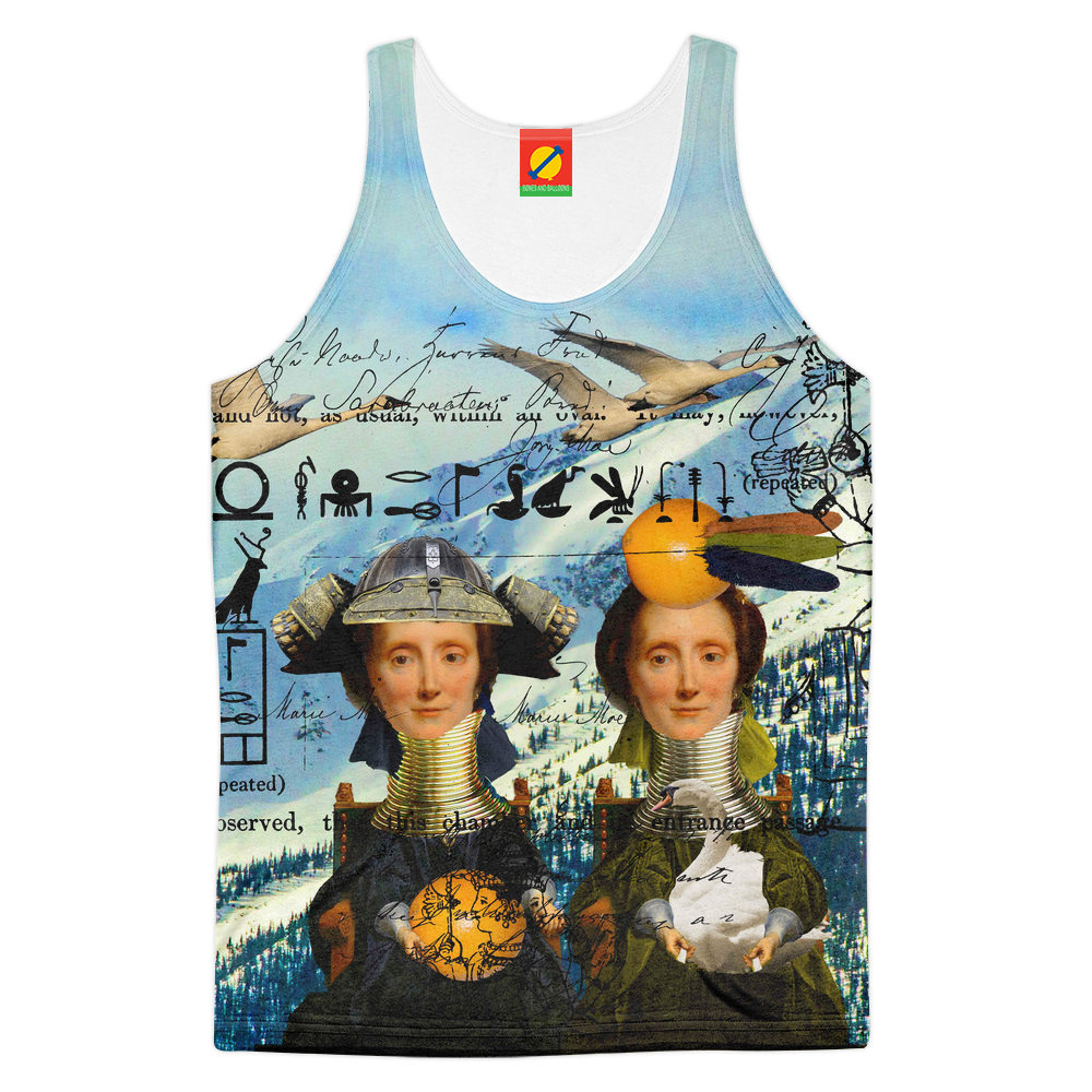 Women's tank top featuring an all-over print in blue and yellow, showcasing vibrant colors and a stylish design.