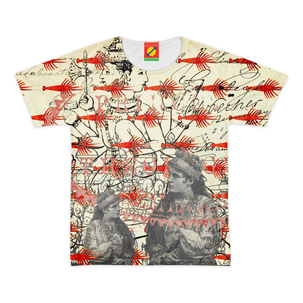 Colorful tee shirt featuring two women with coin necklaces and small red lobsters, made from 100% cotton.