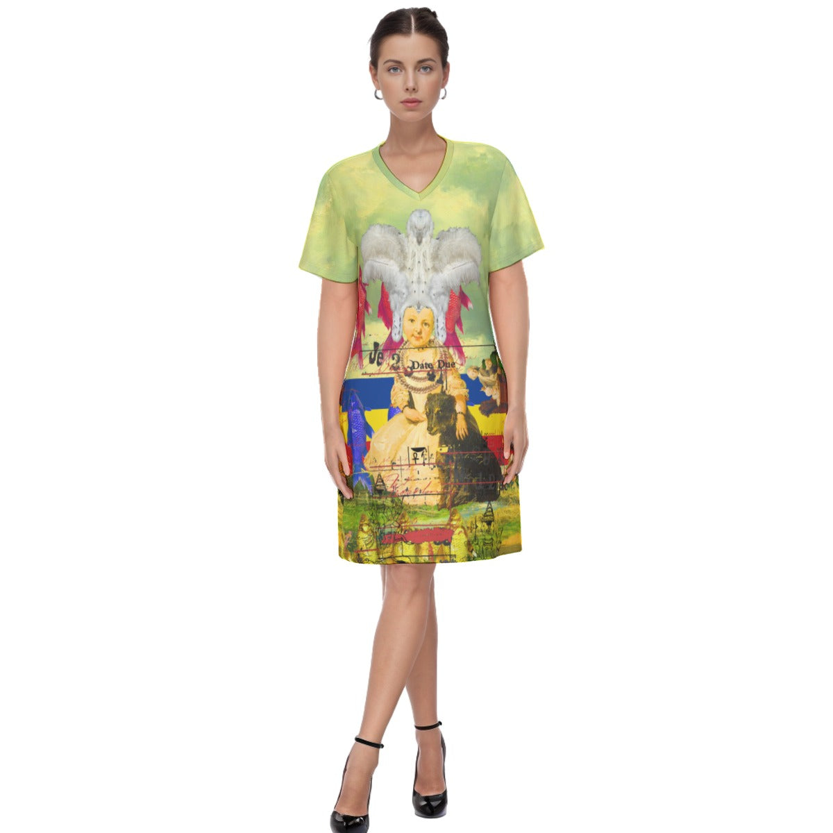 A vibrant cotton V neck tee dress featuring an all-over colorful print, perfect for warm weather styling.