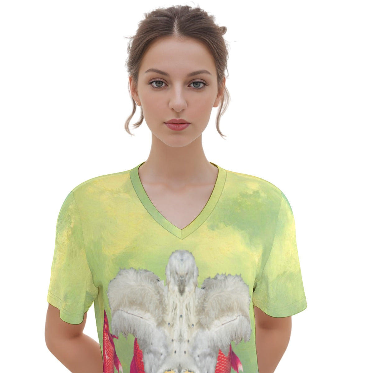 A vibrant cotton V neck tee dress featuring an all-over colorful print, perfect for warm weather styling.